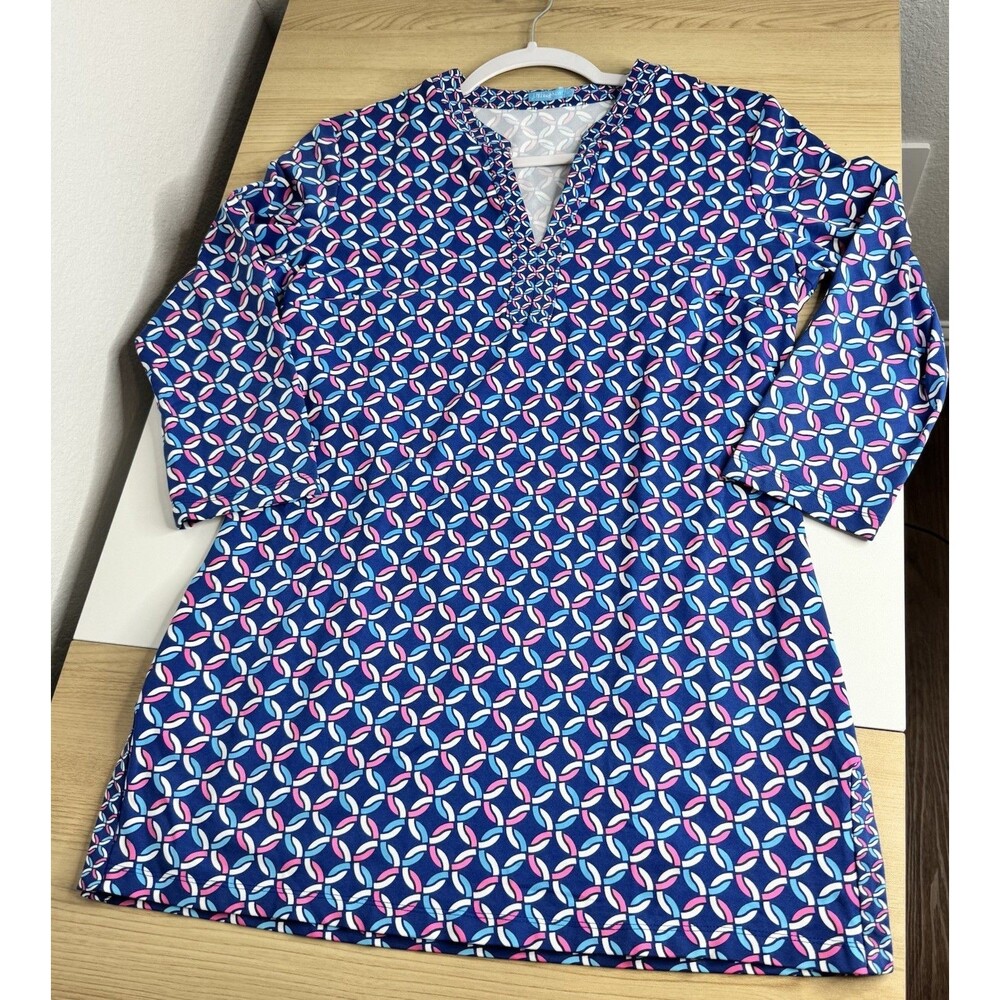 J McLaughlin Top Womens Blue Pink Catalina Cloth Stretchy Tunic Nautical Knot M